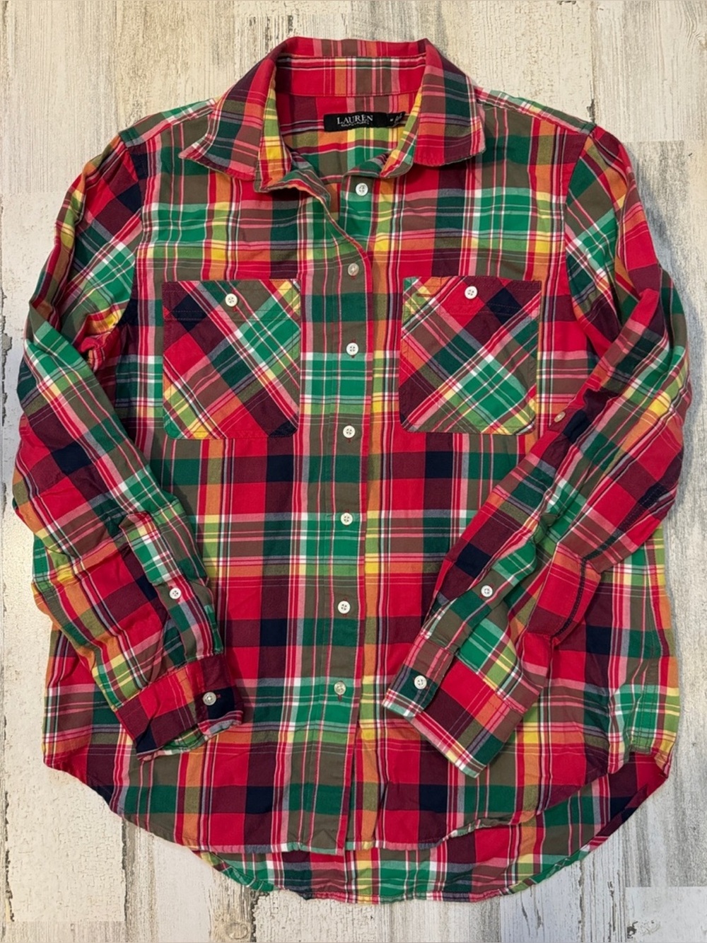 Lauren Ralph Lauren Plaid Madras Colorful Roll Tab Sleeve Pockets Button Up Top